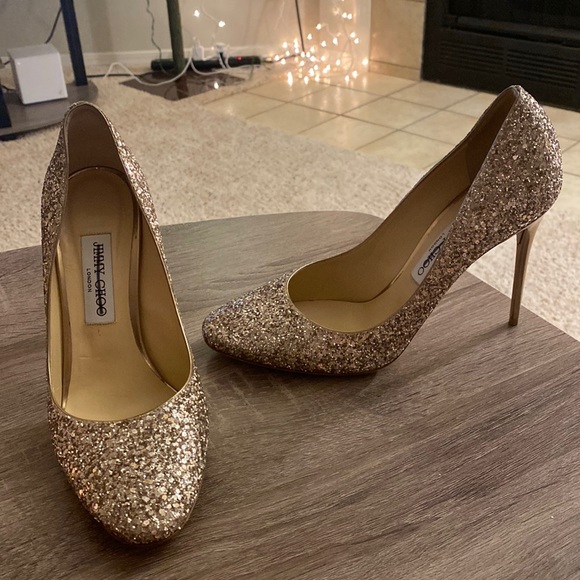 Jimmy Choo Heels Almond Toe Glitter High Heel Stilettos Gold 40 (10)